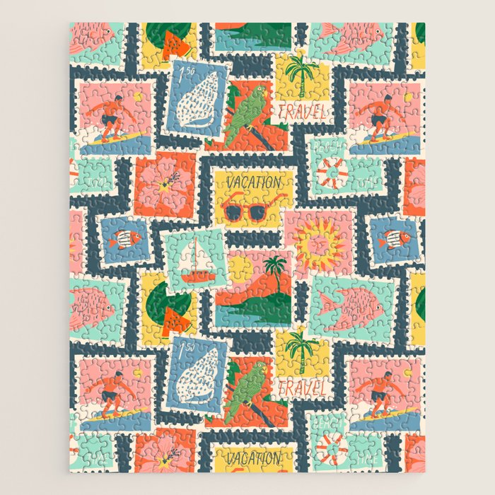 Summer travel postage stamp sticker pattern Jigsaw Puzzle Gallery Image 1