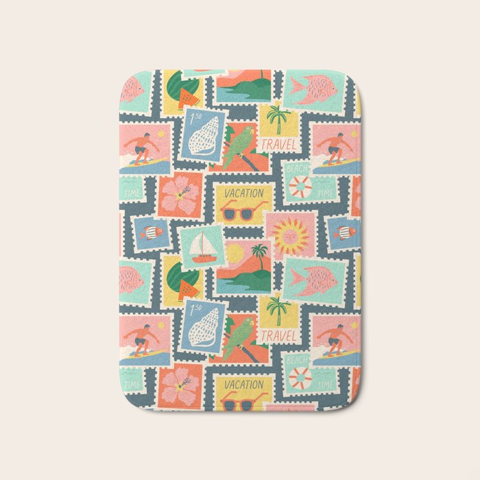 Summer travel postage stamp sticker pattern Bath Mat Gallery Image 1