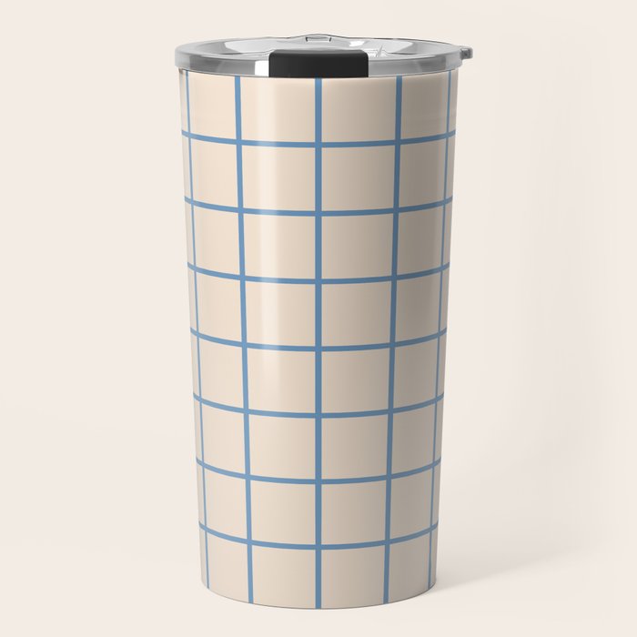 Grid Pattern Blue and Beige Travel Mug Gallery Image 1