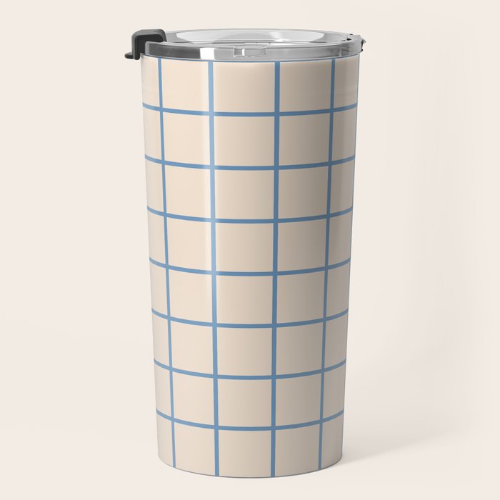 Grid Pattern Blue and Beige Travel Mug Gallery Image 3