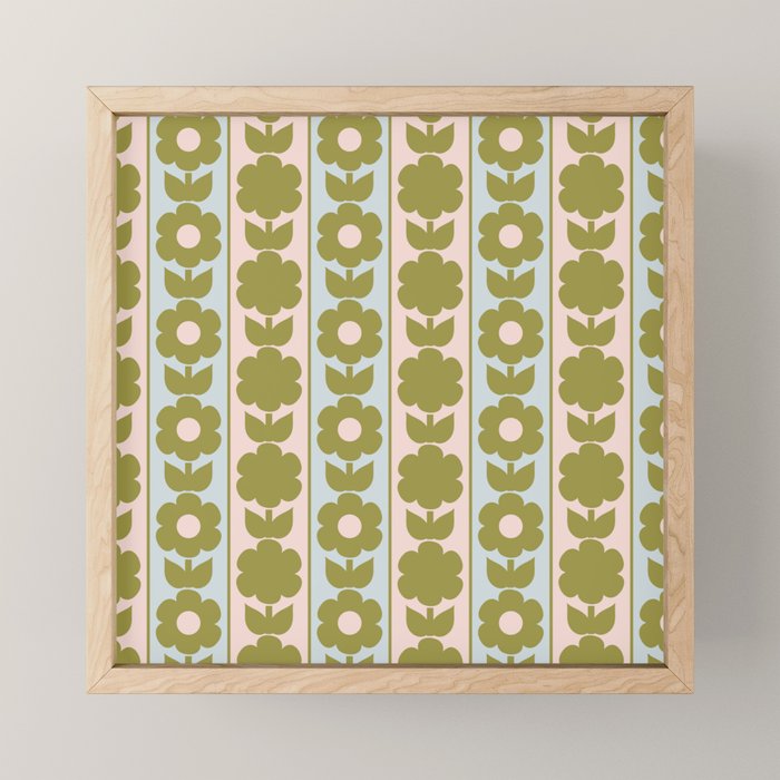 Vintage Contemporary Cottage Jonnty Flowers and Stripes Pattern in Olive Blush Aqua Mini Art Print Gallery Image 1