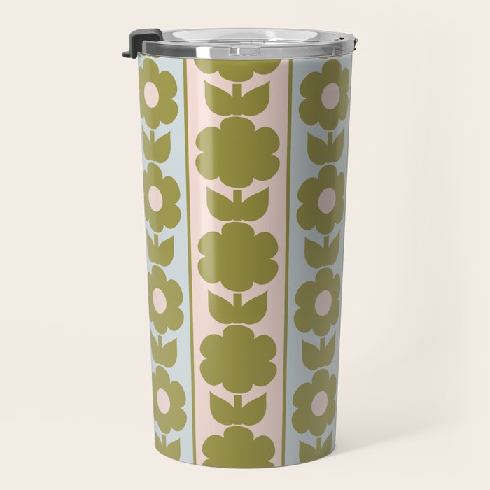 Vintage Contemporary Cottage Jonnty Flowers and Stripes Pattern in Olive Blush Aqua Travel Mug Gallery Image 3