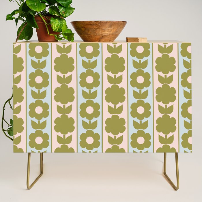 Vintage Contemporary Cottage Jonnty Flowers and Stripes Pattern in Olive Blush Aqua Credenza Gallery Image 1