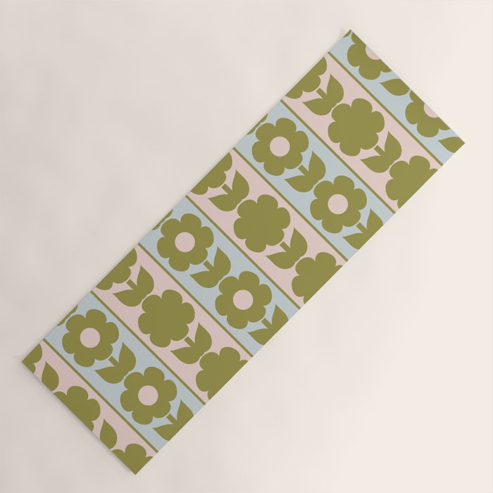 Vintage Contemporary Cottage Jonnty Flowers and Stripes Pattern in Olive Blush Aqua Yoga Mat Gallery Image 1