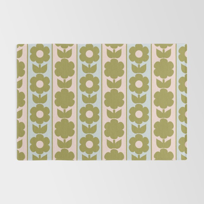 Vintage Contemporary Cottage Jonnty Flowers and Stripes Pattern in Olive Blush Aqua Rug Gallery Image 2