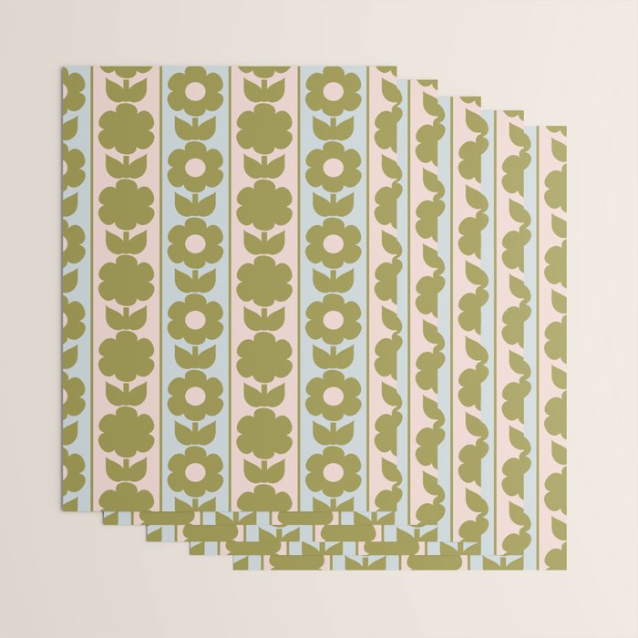 Vintage Contemporary Cottage Jonnty Flowers and Stripes Pattern in Olive Blush Aqua Wrapping Paper Gallery Image 3