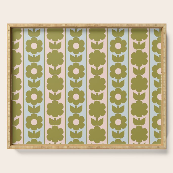 Vintage Contemporary Cottage Jonnty Flowers and Stripes Pattern in Olive Blush Aqua Serving Tray Gallery Image 1