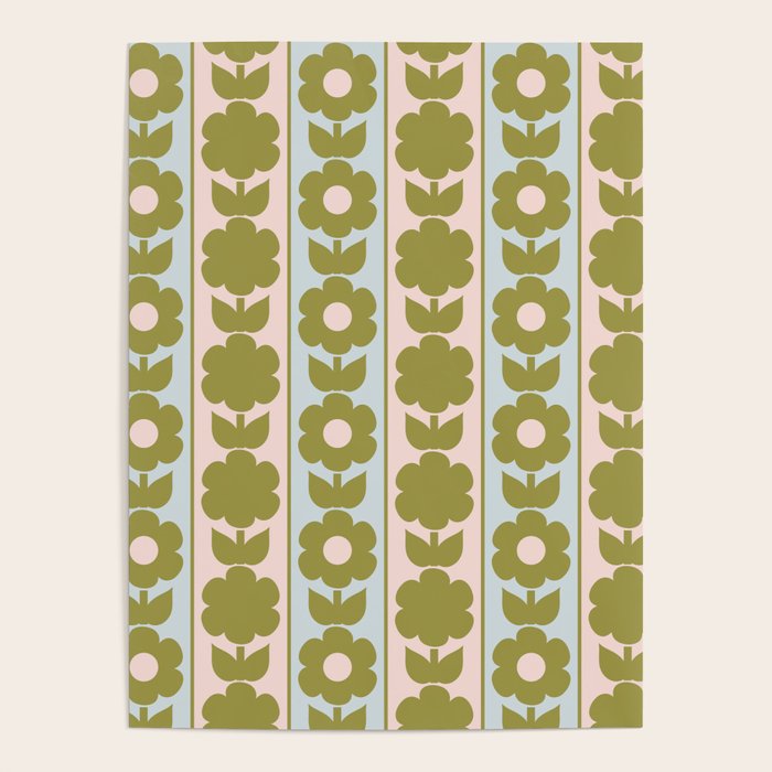 Vintage Contemporary Cottage Jonnty Flowers and Stripes Pattern in Olive Blush Aqua Poster Gallery Image 4