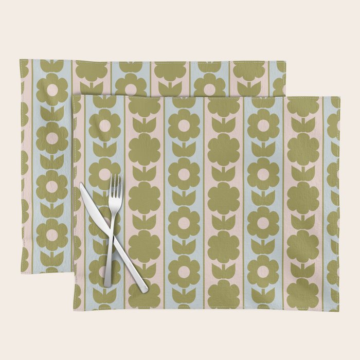 Vintage Contemporary Cottage Jonnty Flowers and Stripes Pattern in Olive Blush Aqua Placemat Gallery Image 1