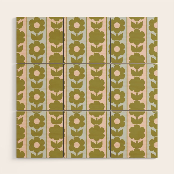 Vintage Contemporary Cottage Jonnty Flowers and Stripes Pattern in Olive Blush Aqua Wood Wall Art Gallery Image 1