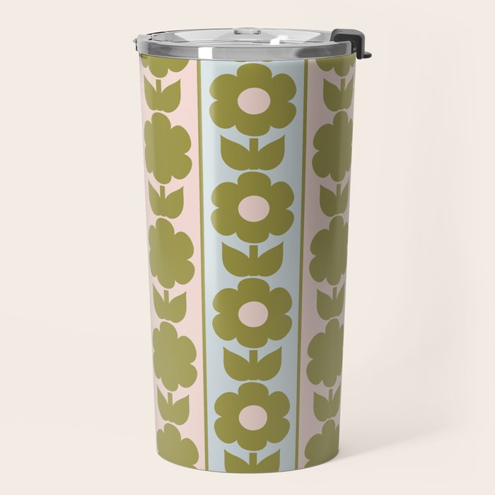 Vintage Contemporary Cottage Jonnty Flowers and Stripes Pattern in Olive Blush Aqua Travel Mug Gallery Image 2