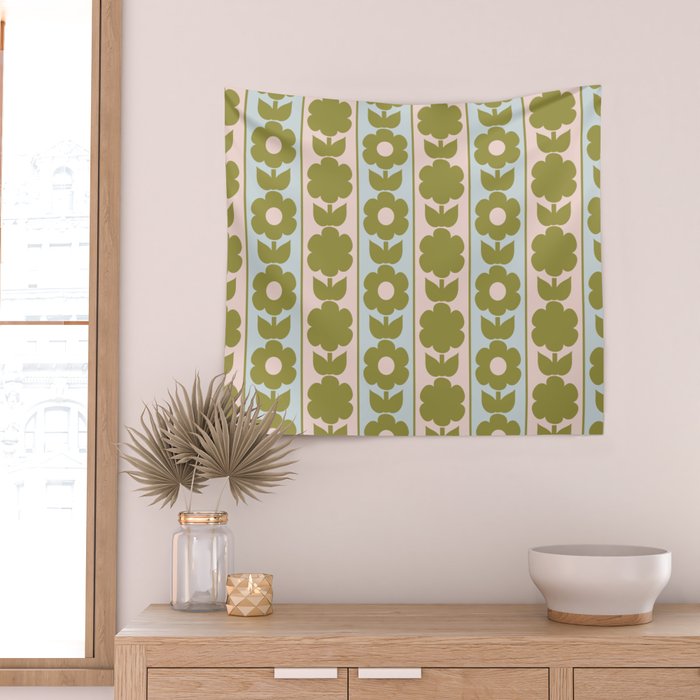 Vintage Contemporary Cottage Jonnty Flowers and Stripes Pattern in Olive Blush Aqua Wall Tapestry Gallery Image 2