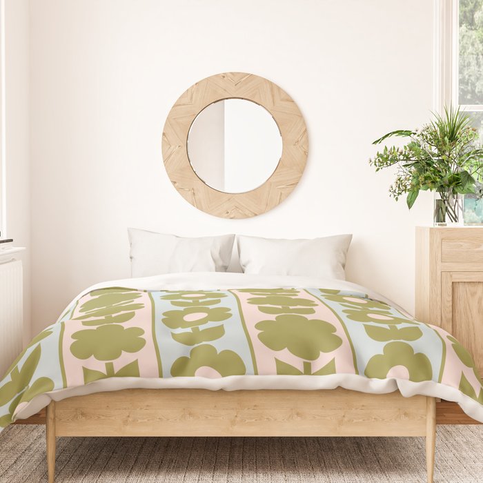 Vintage Contemporary Cottage Jonnty Flowers and Stripes Pattern in Olive Blush Aqua Duvet Cover Gallery Image 3