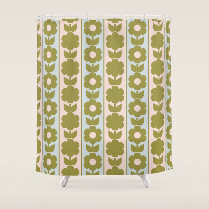 Vintage Contemporary Cottage Jonnty Flowers and Stripes Pattern in Olive Blush Aqua Shower Curtain Gallery Image 1