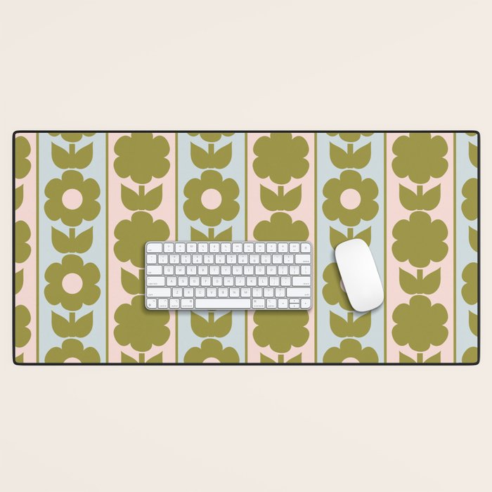 Vintage Contemporary Cottage Jonnty Flowers and Stripes Pattern in Olive Blush Aqua Desk Mat Gallery Image 1