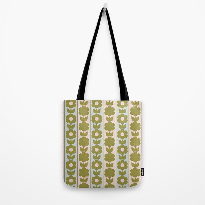 Vintage Contemporary Cottage Jonnty Flowers and Stripes Pattern in Olive Blush Aqua Tote Bag Gallery Image 2