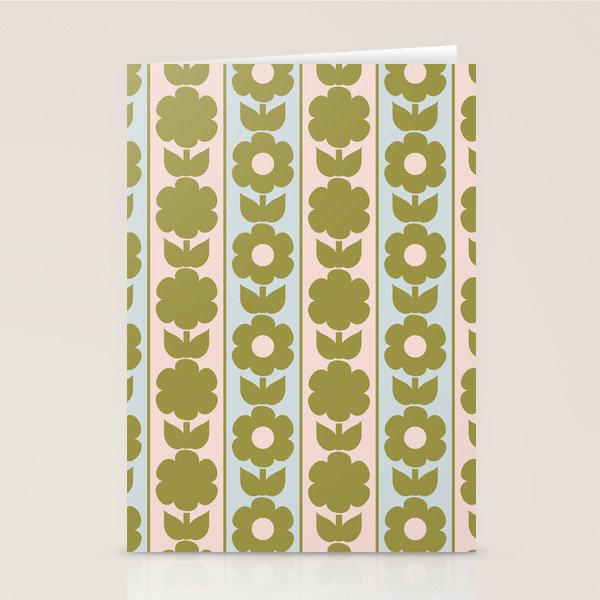 Vintage Contemporary Cottage Jonnty Flowers and Stripes Pattern in Olive Blush Aqua Stationery Card Gallery Image 1
