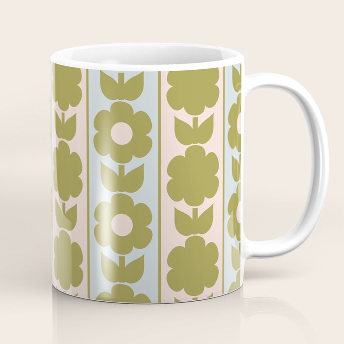 Vintage Contemporary Cottage Jonnty Flowers and Stripes Pattern in Olive Blush Aqua Coffee Mug Gallery Image 1