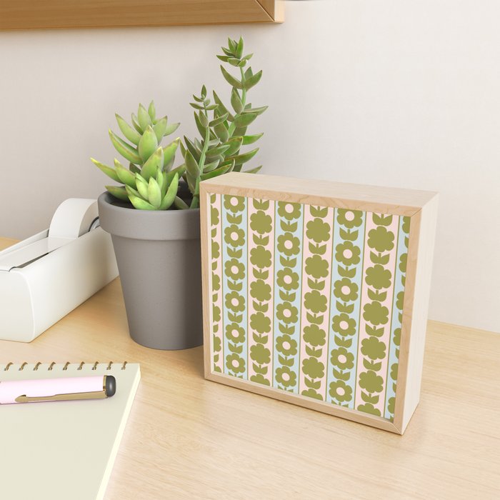 Vintage Contemporary Cottage Jonnty Flowers and Stripes Pattern in Olive Blush Aqua Mini Art Print Gallery Image 2