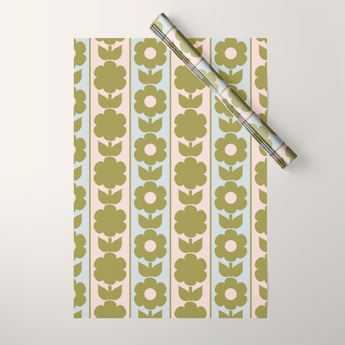 Vintage Contemporary Cottage Jonnty Flowers and Stripes Pattern in Olive Blush Aqua Wrapping Paper Gallery Image 1