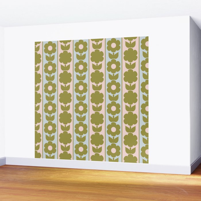 Vintage Contemporary Cottage Jonnty Flowers and Stripes Pattern in Olive Blush Aqua Wall Mural Gallery Image 2