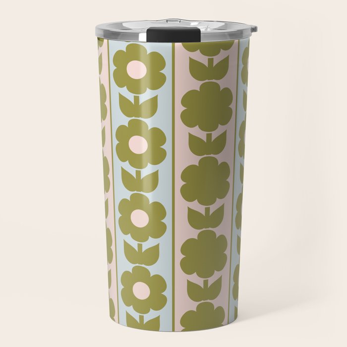 Vintage Contemporary Cottage Jonnty Flowers and Stripes Pattern in Olive Blush Aqua Travel Mug Gallery Image 1