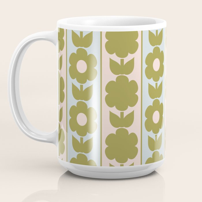 Vintage Contemporary Cottage Jonnty Flowers and Stripes Pattern in Olive Blush Aqua Coffee Mug Gallery Image 3