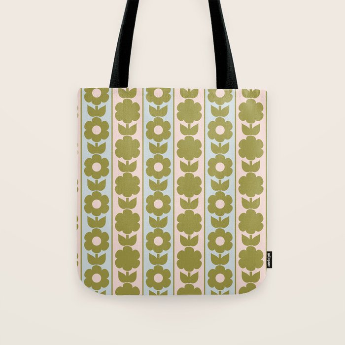 Vintage Contemporary Cottage Jonnty Flowers and Stripes Pattern in Olive Blush Aqua Tote Bag Gallery Image 1