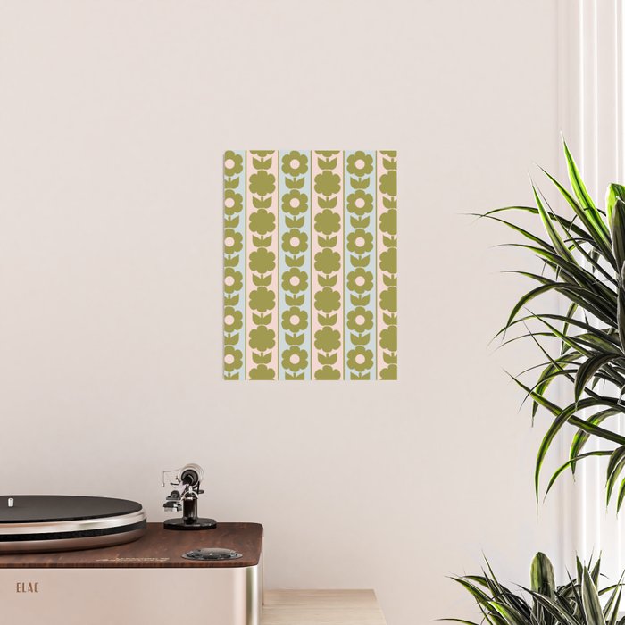 Vintage Contemporary Cottage Jonnty Flowers and Stripes Pattern in Olive Blush Aqua Poster Gallery Image 2