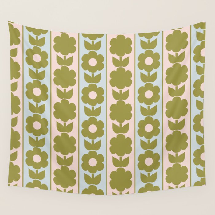 Vintage Contemporary Cottage Jonnty Flowers and Stripes Pattern in Olive Blush Aqua Wall Tapestry Gallery Image 4