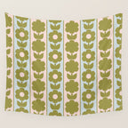 Vintage Contemporary Cottage Jonnty Flowers and Stripes Pattern in Olive Blush Aqua Wall Tapestry Gallery Image 4