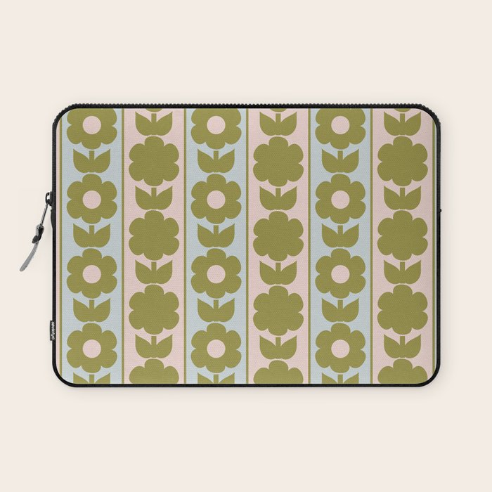 Vintage Contemporary Cottage Jonnty Flowers and Stripes Pattern in Olive Blush Aqua Laptop Sleeve Gallery Image 1