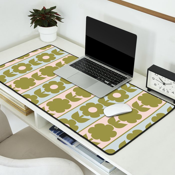 Vintage Contemporary Cottage Jonnty Flowers and Stripes Pattern in Olive Blush Aqua Desk Mat Gallery Image 2