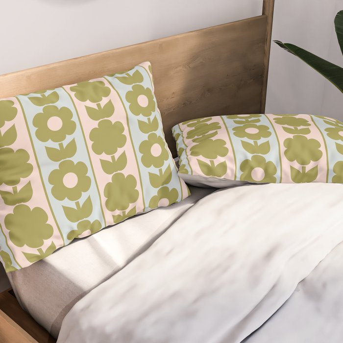 Vintage Contemporary Cottage Jonnty Flowers and Stripes Pattern in Olive Blush Aqua Pillow Sham Gallery Image 2