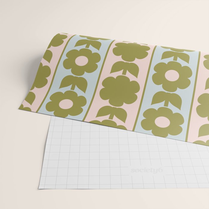 Vintage Contemporary Cottage Jonnty Flowers and Stripes Pattern in Olive Blush Aqua Wrapping Paper Gallery Image 2