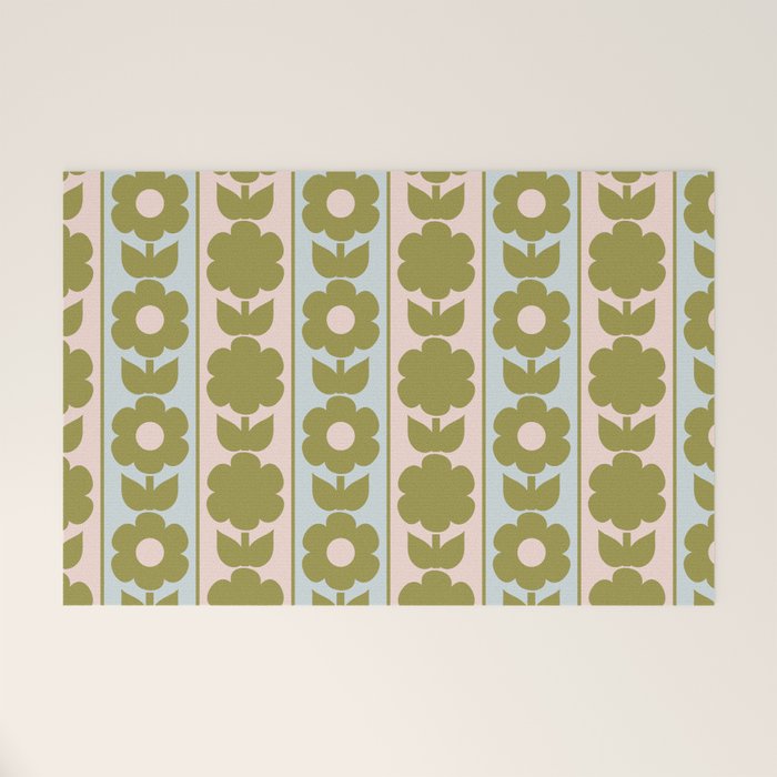 Vintage Contemporary Cottage Jonnty Flowers and Stripes Pattern in Olive Blush Aqua Welcome Mat Gallery Image 1