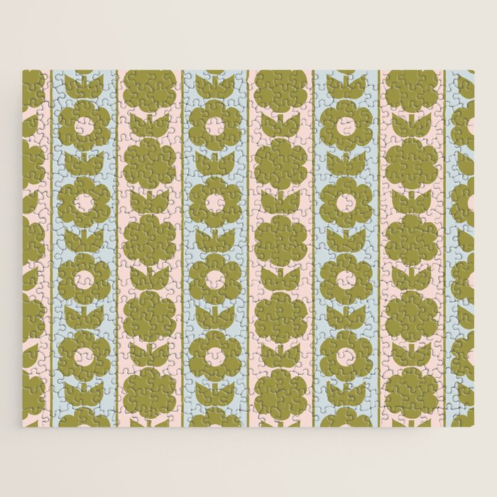 Vintage Contemporary Cottage Jonnty Flowers and Stripes Pattern in Olive Blush Aqua Jigsaw Puzzle Gallery Image 1