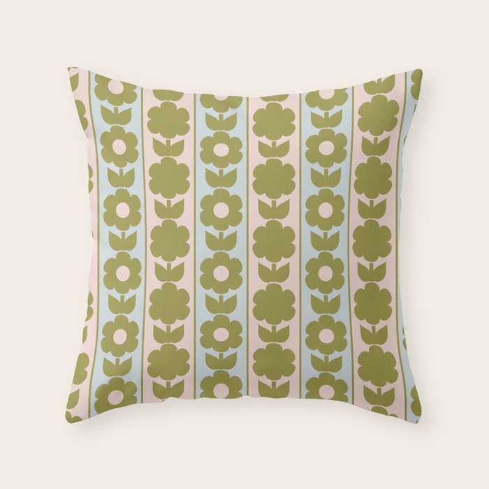 Vintage Contemporary Cottage Jonnty Flowers and Stripes Pattern in Olive Blush Aqua Throw Pillow Gallery Image 1