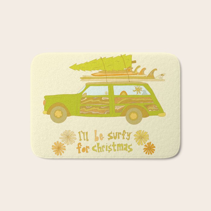 Surfy Christmas Wagon reto surf art by surfy birdy  Bath Mat Gallery Image 1