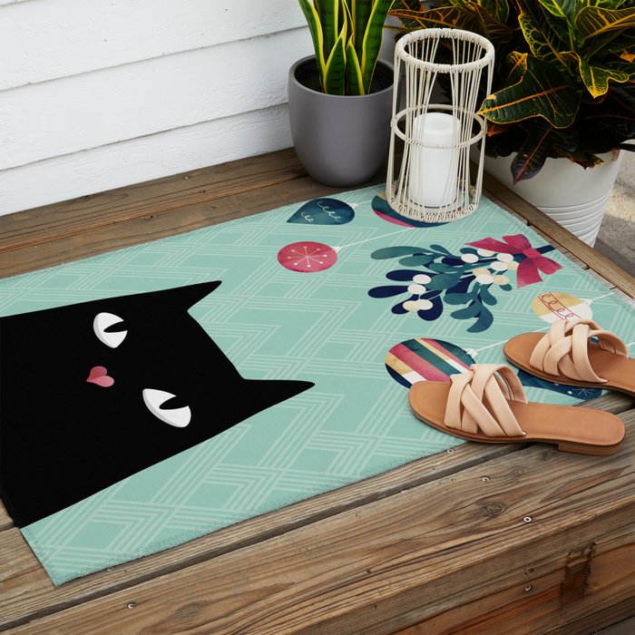 Mistletoe? (Black Cat) Outdoor Rug Gallery Image 2