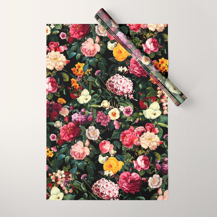 Floral D - Red, Pink, Yellow, Green, Black Baroque Floral Blossom Wrapping Paper Gallery Image 1
