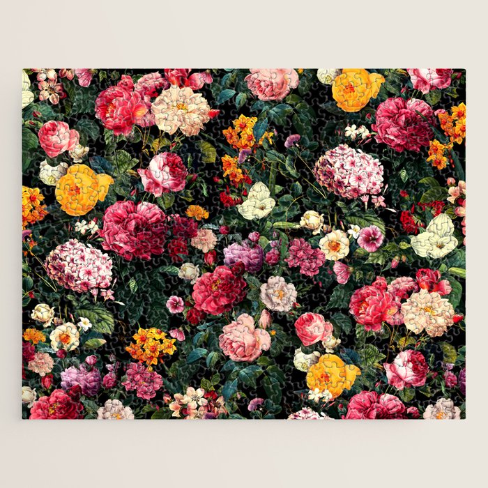 Floral D - Red, Pink, Yellow, Green, Black Baroque Floral Blossom Jigsaw Puzzle Gallery Image 1