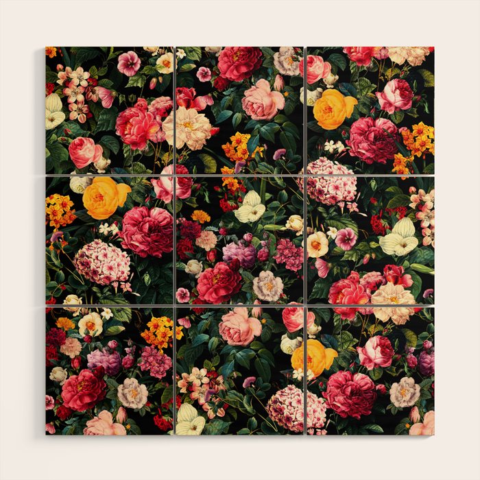 Floral D - Red, Pink, Yellow, Green, Black Baroque Floral Blossom Wood Wall Art Gallery Image 1