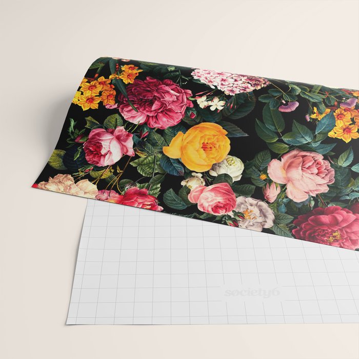 Floral D - Red, Pink, Yellow, Green, Black Baroque Floral Blossom Wrapping Paper Gallery Image 2