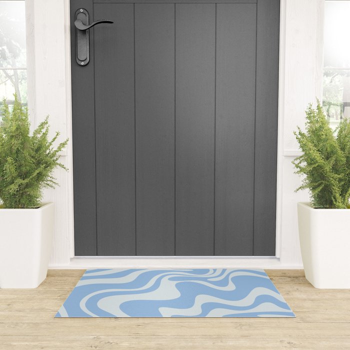 Retro Liquid Swirl Abstract Pattern in Powder Blue 2 Welcome Mat Gallery Image 3
