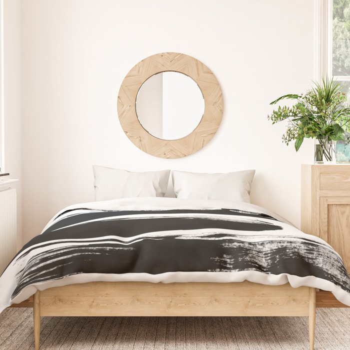 Stripes Black & White Minimalist Abstract Mid century Ink Art Dark Brush Strokes Duvet Cover Gallery Image 3