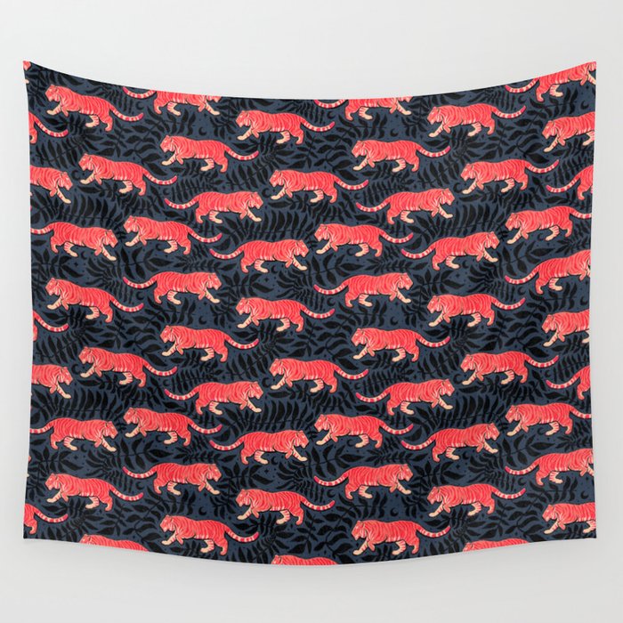 Tigers - coral and midnight  Wall Tapestry Gallery Image 1