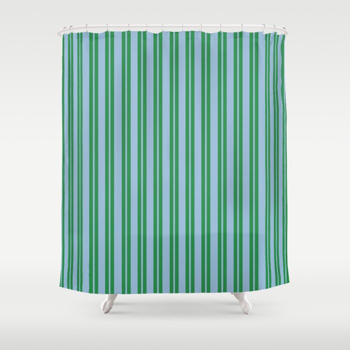 Classic Double Stripe Vertical Pattern in Green and Baby Blu Shower Curtain Gallery Image 1