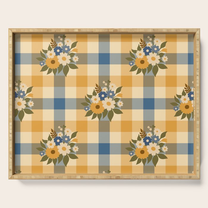 Country Retro Cottage Flowers plaid Serving Tray Gallery Image 1