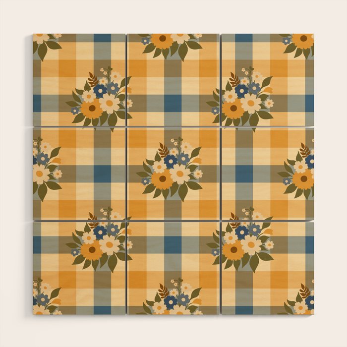 Country Retro Cottage Flowers plaid Wood Wall Art Gallery Image 1